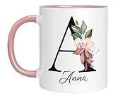 Personalisierte Keramik, Tasse - -mit Blumen Motiv - mit Ihrem Anfangsbuchstaben und Namen - - Geburtstag - Kaffeetasse - beidseitig bedruckt - Geschenke für Frauen (Rosa)